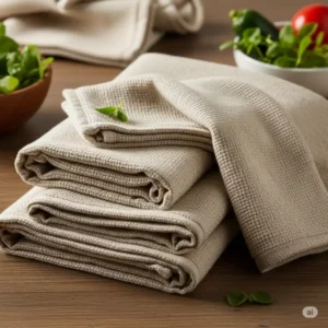 Organic, sustainably sourced luxury kitchen towels folded neatly, emphasizing their eco-friendly benefits.