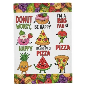 Engaging illustration of a funny kitchen towel with various food-related puns and charming cartoon food characters.