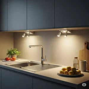 Depiction of effective task lighting installed above a galley kitchen sink, enhancing visibility and aesthetics.