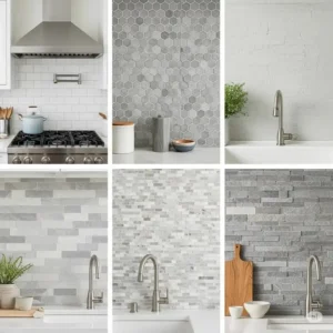 Comparison of various grey kitchen backsplash styles, including subway, mosaic, and natural stone options for different aesthetics.