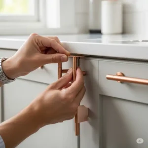Hands installing a new piece of copper kitchen hardware onto a cabinet, illustrating the ease of upgrading a kitchen's look with new fittings.