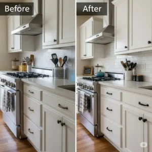 "Before and after comparison showing the dramatic transformation of a kitchen after upgrading to new matte black kitchen hardware."
