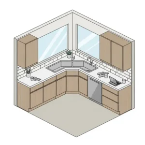 Example kitchen layout drawing showcasing how a corner sink can be optimally integrated to improve workflow and maximize available counter space. kitchen sinks corner sink