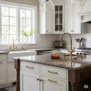 "An inviting kitchen interior featuring a harmonious blend of various brass kitchen hardware elements, including pulls, knobs, and a faucet, creating a cohesive design."