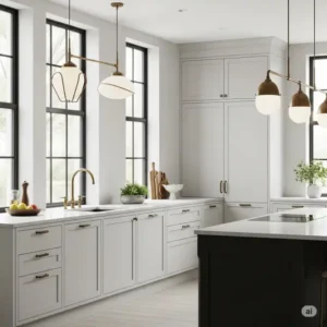 Modern kitchen with subtle antique brass kitchen hardware accents on cabinetry and lighting, blending contemporary and classic styles.