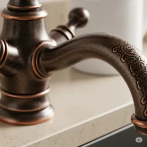 Macro shot revealing the rich texture and varied brown and copper tones of an oil rubbed bronze finish on kitchen hardware.