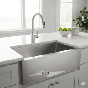 Visual representation showcasing the ample space and minimalist aesthetic of a single, large one bowl kitchen sinks, ideal for busy kitchens.