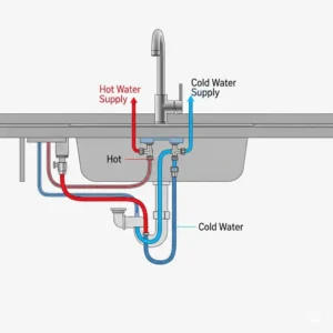 Clear illustration depicting the hot and cold water supply lines connecting to parts of a kitchen sink faucet.