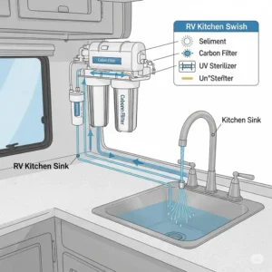 Diagram illustrating a water filtration system connected to an RV kitchen sink for clean drinking water.