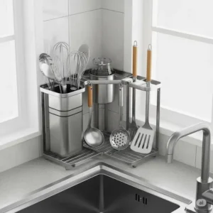 Compact sink corner organizer rack maximizing unused space for kitchen utensils.