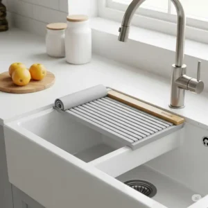 Kitchen sink with drainboard, enhanced by a useful roll-up drying rack accessory.