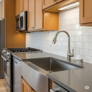Upgraded kitchen area featuring a stylish new kitchen sink and faucet combo, significantly enhancing the overall kitchen appeal.