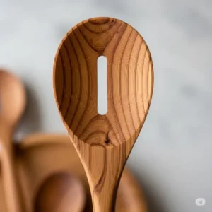 A detailed close-up of the natural wood grain and smooth finish on a handcrafted wooden kitchen gadget, emphasizing its quality and tactile appeal.