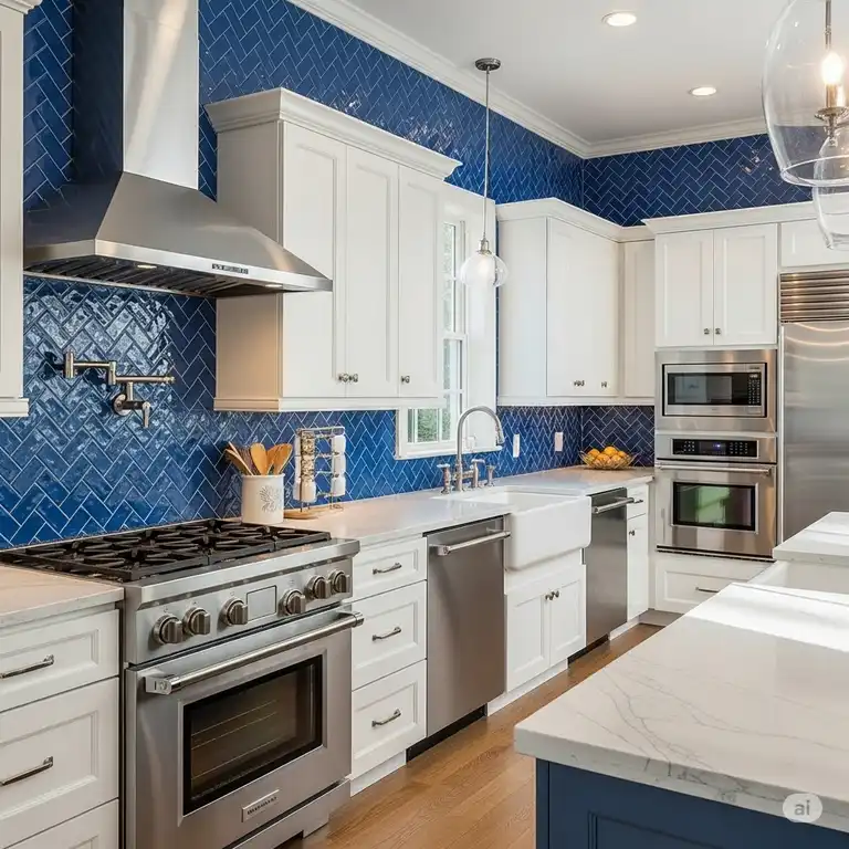 Modern kitchen featuring a stunning blue tile backsplash, white shaker cabinets, and stainless steel appliances. blue backsplash kitchen