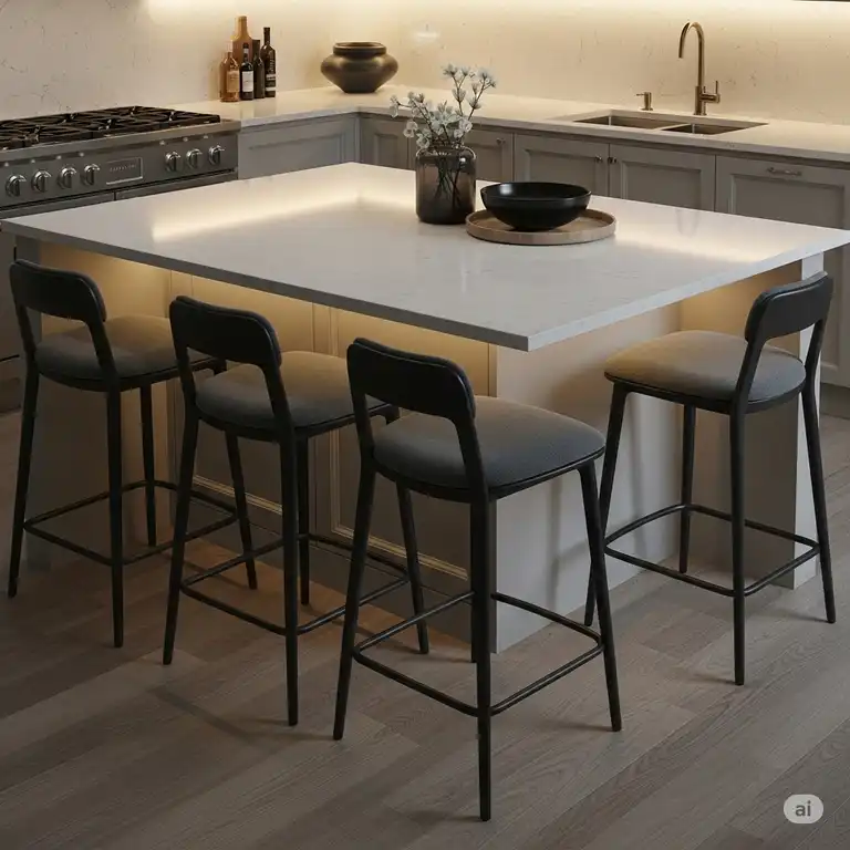 Stylish contemporary kitchen stools with sleek design and comfortable seating, complementing a modern kitchen island.