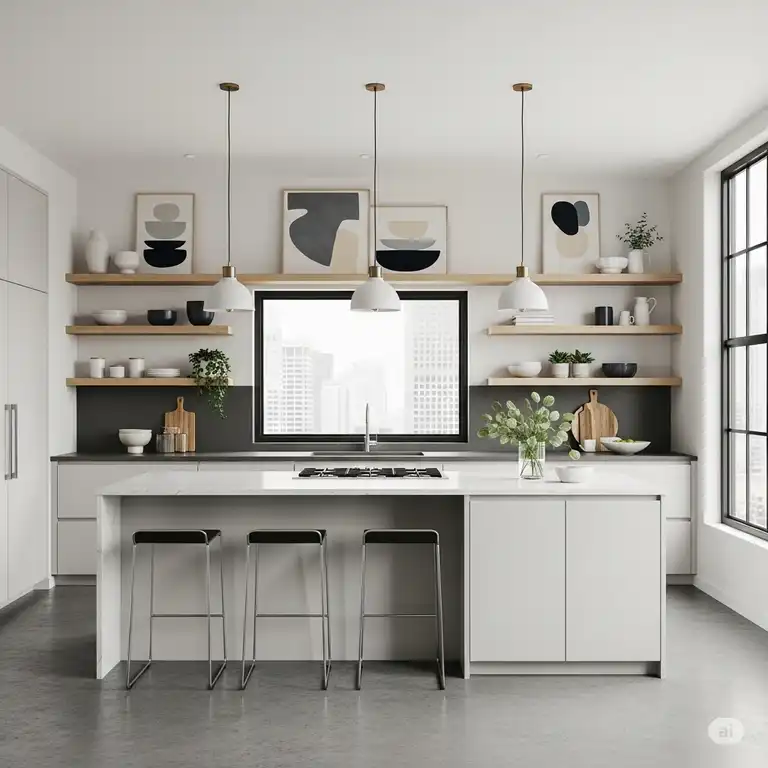 "Elegant contemporary kitchen featuring minimalist wall decor with open shelving and abstract art, enhancing the modern aesthetic."