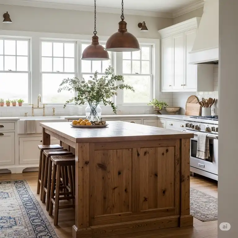 Elegant farmhouse kitchen with a large wooden island illuminated by stylish pendant lights, creating a warm and inviting atmosphere. This image showcases farmhouse kitchen island lighting.