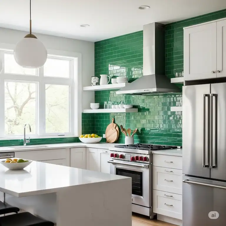 Modern kitchen with a vibrant green backsplash kitchen, white countertops, and stainless steel appliances.