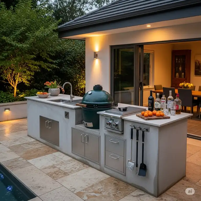 A stylish outdoor kitchen featuring a Big Green Egg grill, perfect for entertaining on a modern patio.