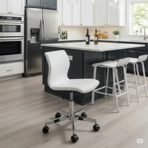 A modern kitchen chair with wheels, perfect for effortless movement and comfort in a contemporary kitchen setting.