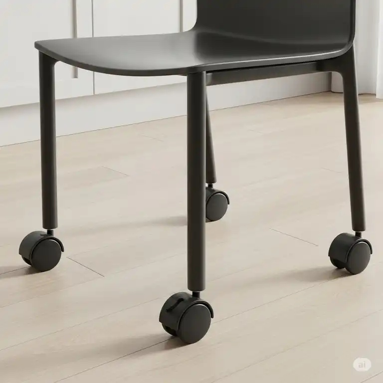 Durable black wheels for kitchen chairs installed on a modern kitchen chair, showcasing smooth mobility and floor protection.