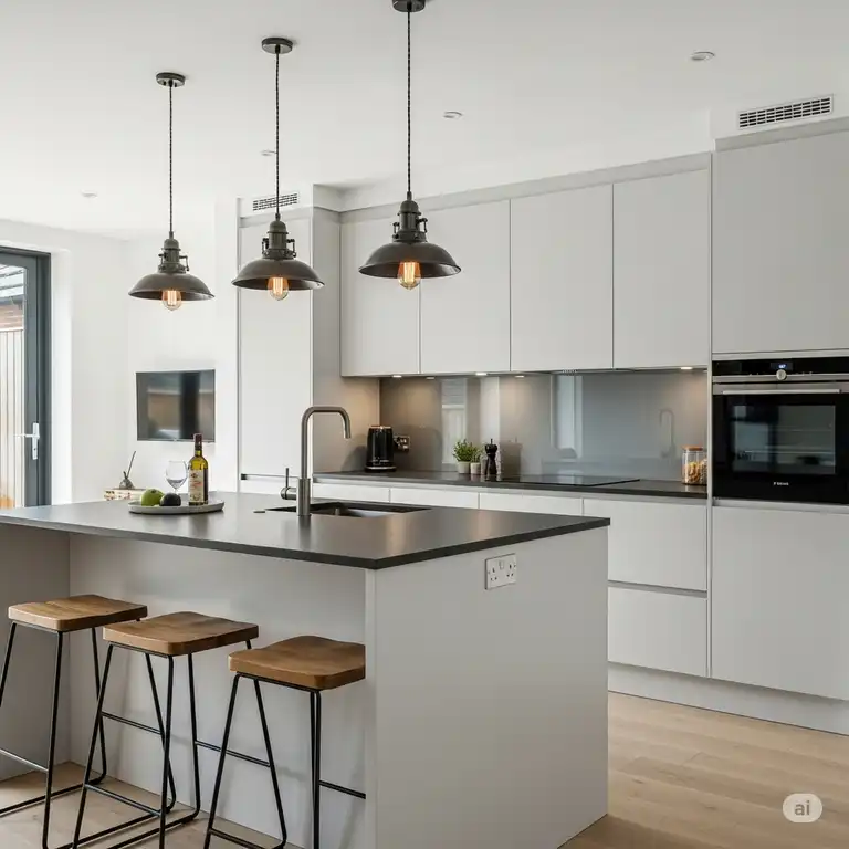 Modern kitchen island with stylish pendant lights illuminating the countertop, enhancing both function and aesthetic. kitchen island lighting ideas