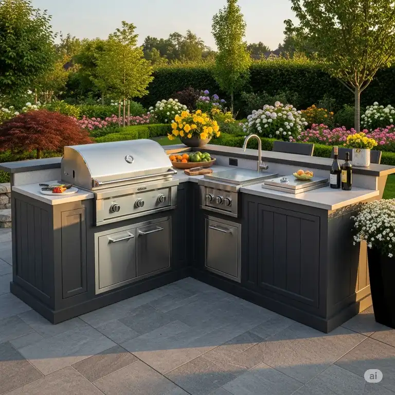 "A beautifully designed L-shaped outdoor kitchen with stainless steel appliances, a built-in grill, and a spacious countertop, perfect for entertaining."