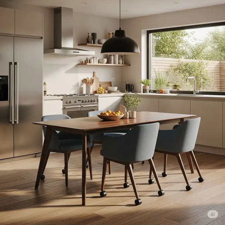 A contemporary kitchen featuring a sleek wooden kitchen table with rolling chairs, perfect for family meals and gatherings.