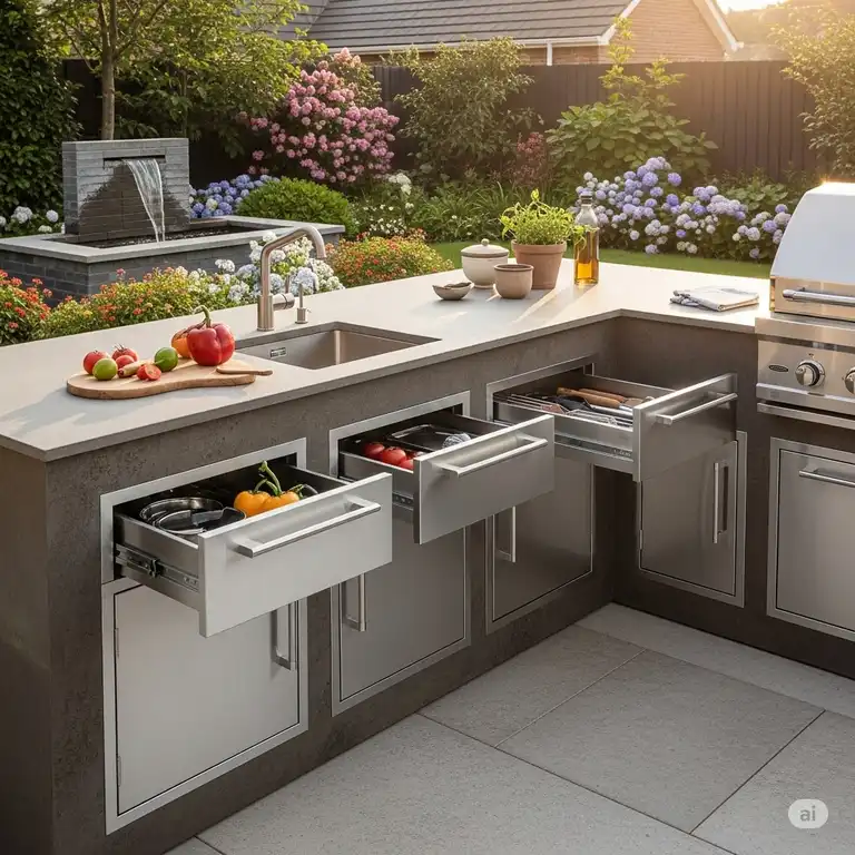 "Modern outdoor kitchen featuring sleek stainless steel drawers, perfect for convenient storage and organization."