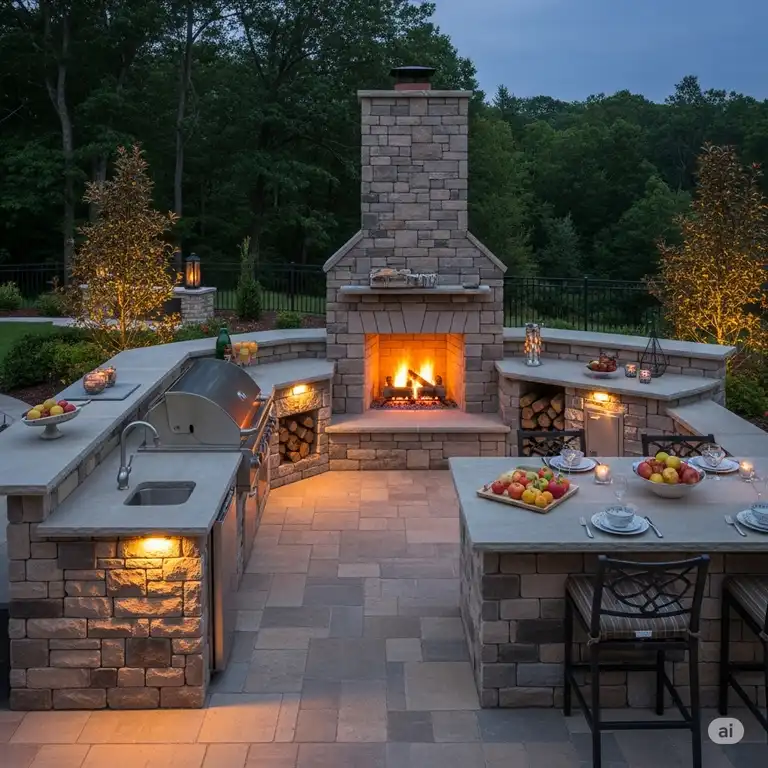 "Stunning outdoor kitchen with fireplace design, perfect for entertaining and cozy evenings."