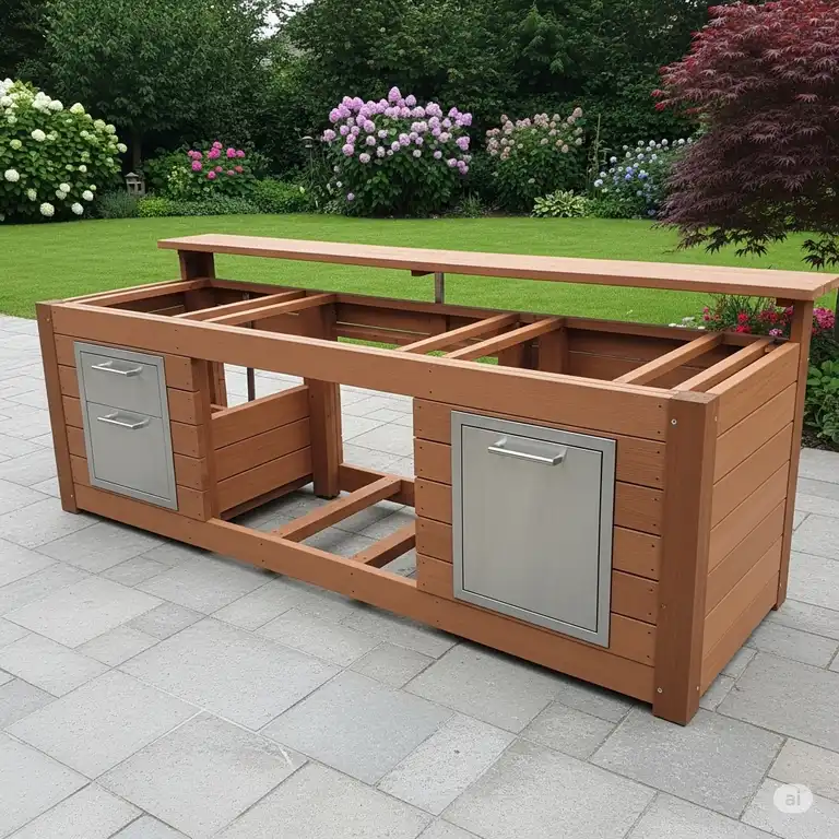 A fully assembled outdoor kitchen frame made from durable, weather-resistant materials, ready for countertop and appliance installation in a backyard patio setting.