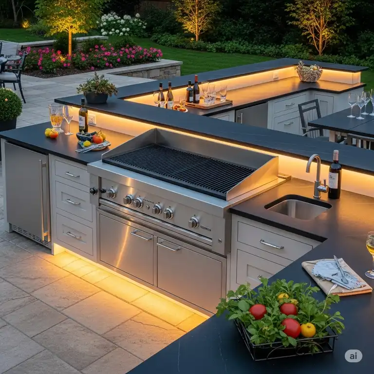Spacious outdoor kitchen featuring a built-in stainless steel griddle, perfect for entertaining.