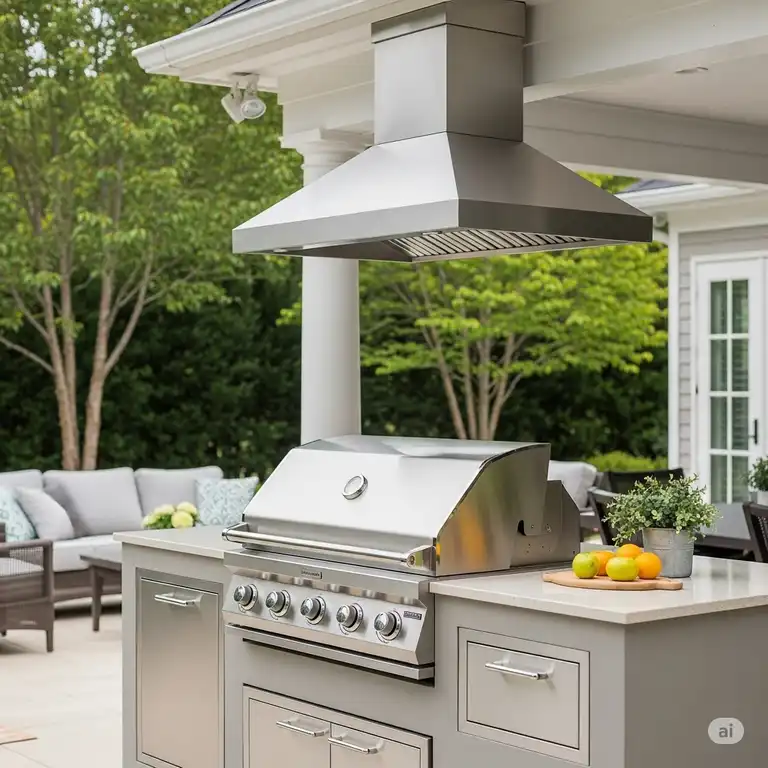 A sleek, stainless steel outdoor kitchen hood installed above a professional grill, enhancing the backyard entertaining space.