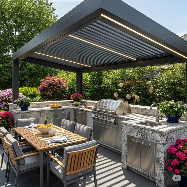 A beautifully designed outdoor kitchen pergola, featuring a built-in grill, counter space, and comfortable seating, perfect for al fresco dining and entertaining.