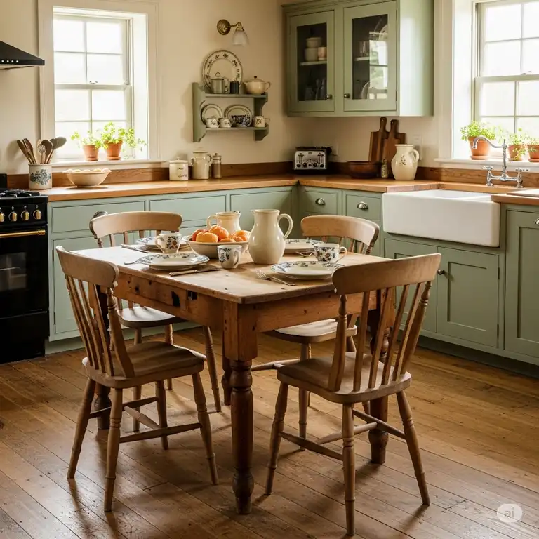 A charming rustic kitchen featuring a sturdy farmhouse-style wooden table surrounded by matching chairs, perfect for family meals.