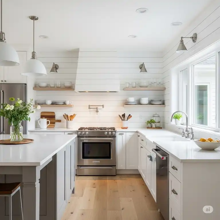 "A beautifully designed shiplap backsplash kitchen, complementing light countertops and stainless steel appliances."