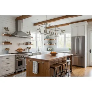 Elegant shiplap kitchen featuring a large island, stainless steel appliances, and natural wood accents, creating a modern farmhouse aesthetic.