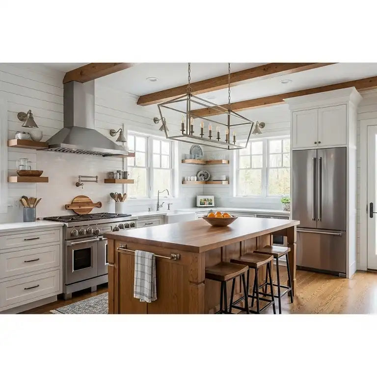 Elegant shiplap kitchen featuring a large island, stainless steel appliances, and natural wood accents, creating a modern farmhouse aesthetic.