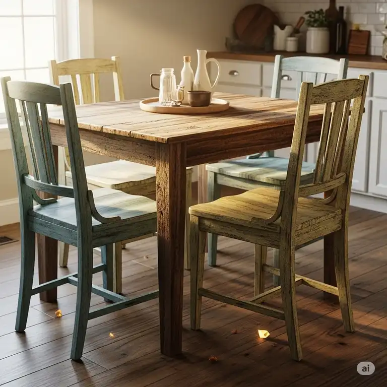 A charming set of four mismatched vintage kitchen chairs surrounding a rustic farmhouse table, bathed in warm morning light.