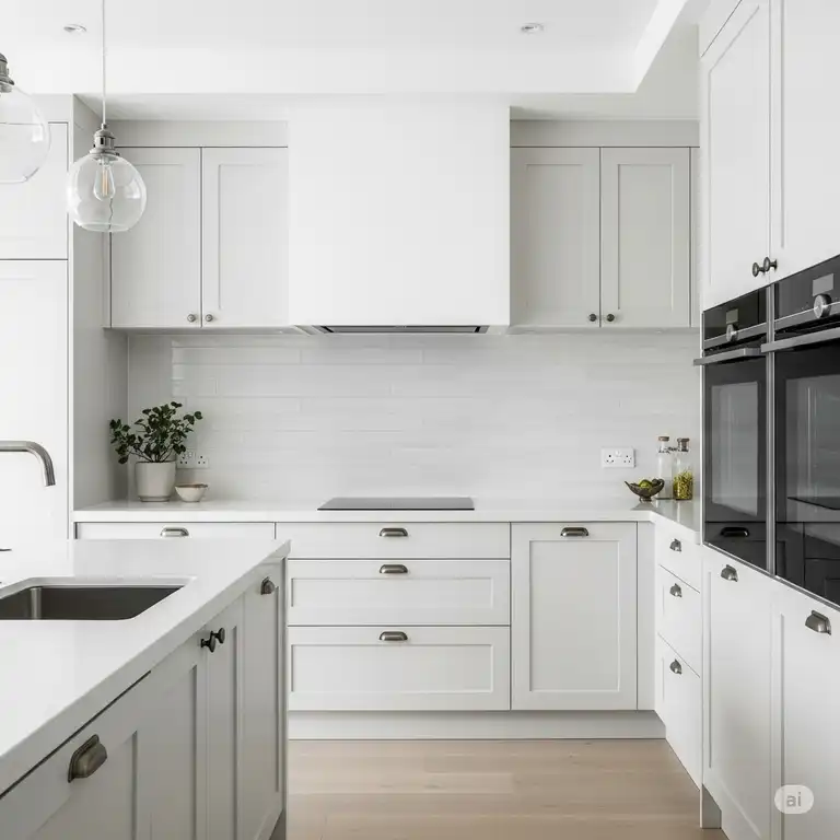 A stunning contemporary kitchen featuring a seamless white on white kitchen backsplash, perfectly complementing the crisp white cabinetry and countertops.