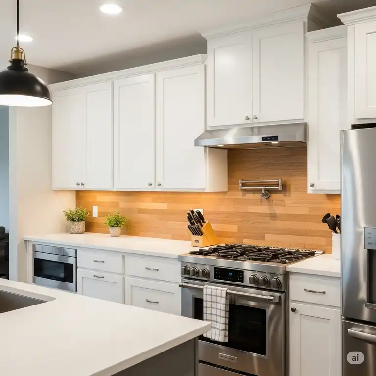 A modern kitchen featuring a light wood backsplash kitchen design, complementing the white cabinetry and stainless steel appliances, highlighting a warm and inviting design.