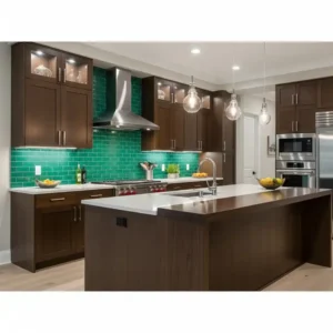 Elegant kitchen featuring an emerald green backsplash kitchen, dark wood cabinetry, and a large kitchen island.