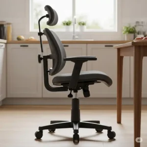 Ergonomic kitchen chair with wheels adjustable features and durable wheels, designed for optimal support and mobility.
