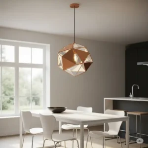 Geometric unique kitchen pendant light hanging above a minimalist dining area.