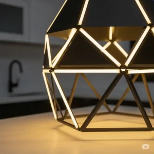 Close-up of a striking geometric modern kitchen island lamps, showcasing contemporary design and warm LED lighting.