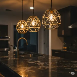 Close-up of striking geometric modern pendant lighting for kitchen island, highlighting their unique design and the warm glow they cast on the countertop.