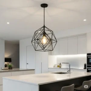 Geometric black metal pendant light, a modern kitchen island light fixture, enhancing contemporary kitchen design.