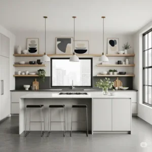 "Close-up of a contemporary kitchen wall adorned with striking geometric wall art, adding a modern touch to the decor."