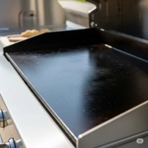 Close-up view of a professional-grade outdoor kitchen griddle cooking surface, ready for searing.