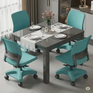 An illustration showcasing a complete set of a kitchen table with rolling chairs, designed for ease of movement.